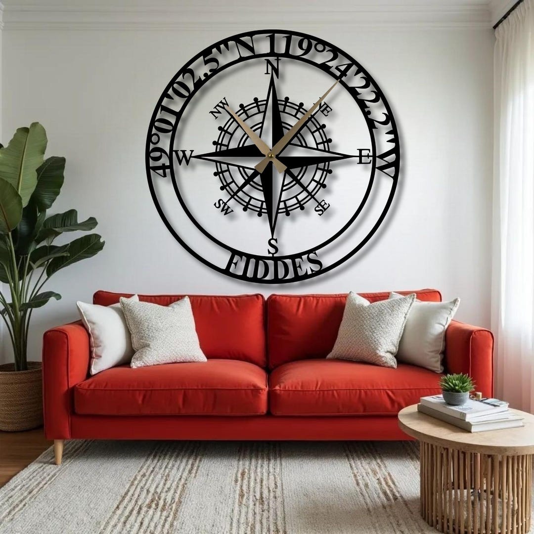Personalized Metal Compass Clock: Custom Coordinates & Family Name - Etsy