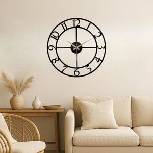 Puede incluir: Un reloj de pared negro y circular con un diseño minimalista. El reloj presenta un marco negro con números romanos y manecillas. El reloj está montado en una pared de color claro, con un sofá y una mesa auxiliar en el fondo.