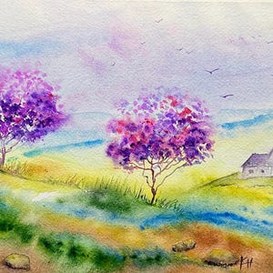 Aquarell Landschaft 29,7x21,  Original und handsigniert, heiteres und harmonisches Frühlingsbild mit blühenden Bäumen,  semi abstrakt