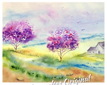 May include: A watercolor painting depicting a landscape with two vibrant purple flowering trees on rolling green hills, a small house on the right, and birds flying in a soft blue and yellow sky. The text handgemaltes Original is visible.