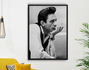 Impresión de retrato en blanco y negro de Johnny Cash / Lienzo de arte mural musical vintage
