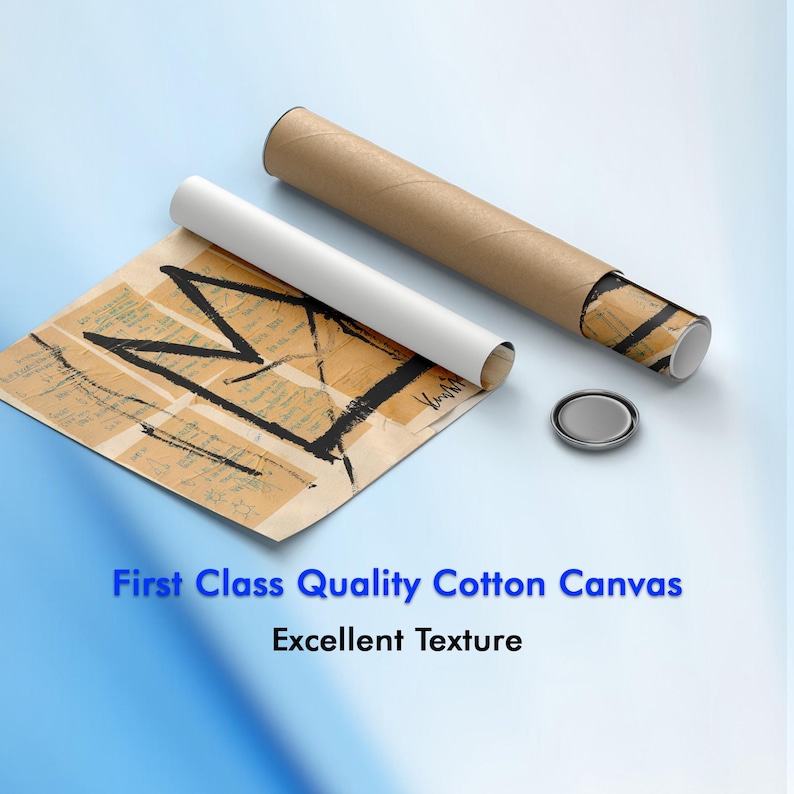 Puede incluir: Una impresi&oacute;n art&iacute;stica con un dise&ntilde;o en negro y beige, enrollada con un tubo blanco y un tubo marr&oacute;n. La impresi&oacute;n est&aacute; etiquetada como "First Class Quality Cotton Canvas" y "Excellent Texture". Tambi&eacute;n hay una tapa plateada.