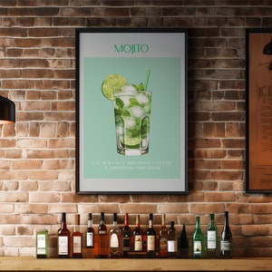 Impresión Mojito, Arte de bar, Arte de cóctel clásico / Decoración del hogar / Cartel de cóctel de calidad / Diseño minimalista / Regalo