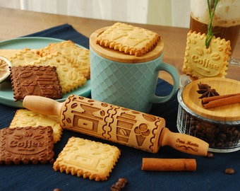 Coffee lover Gift Embossed Rolling pin Mothers day gift Springerle cookie mold Textured roller Clay Pottery Stamp Embosser Gingerbread
