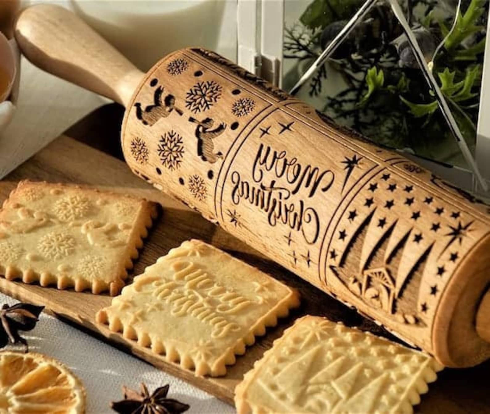 Merry Christmas Cookie Cutters Stamp Rolling Pin Embossed Nativity Cooking Xmas Gift Wooden