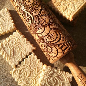 Paisley wooden cookie mold cutter Springerle cookies Xmas gifts Clay decorating stamps Christmas dough roller Gingerbread For baking Dough image 5