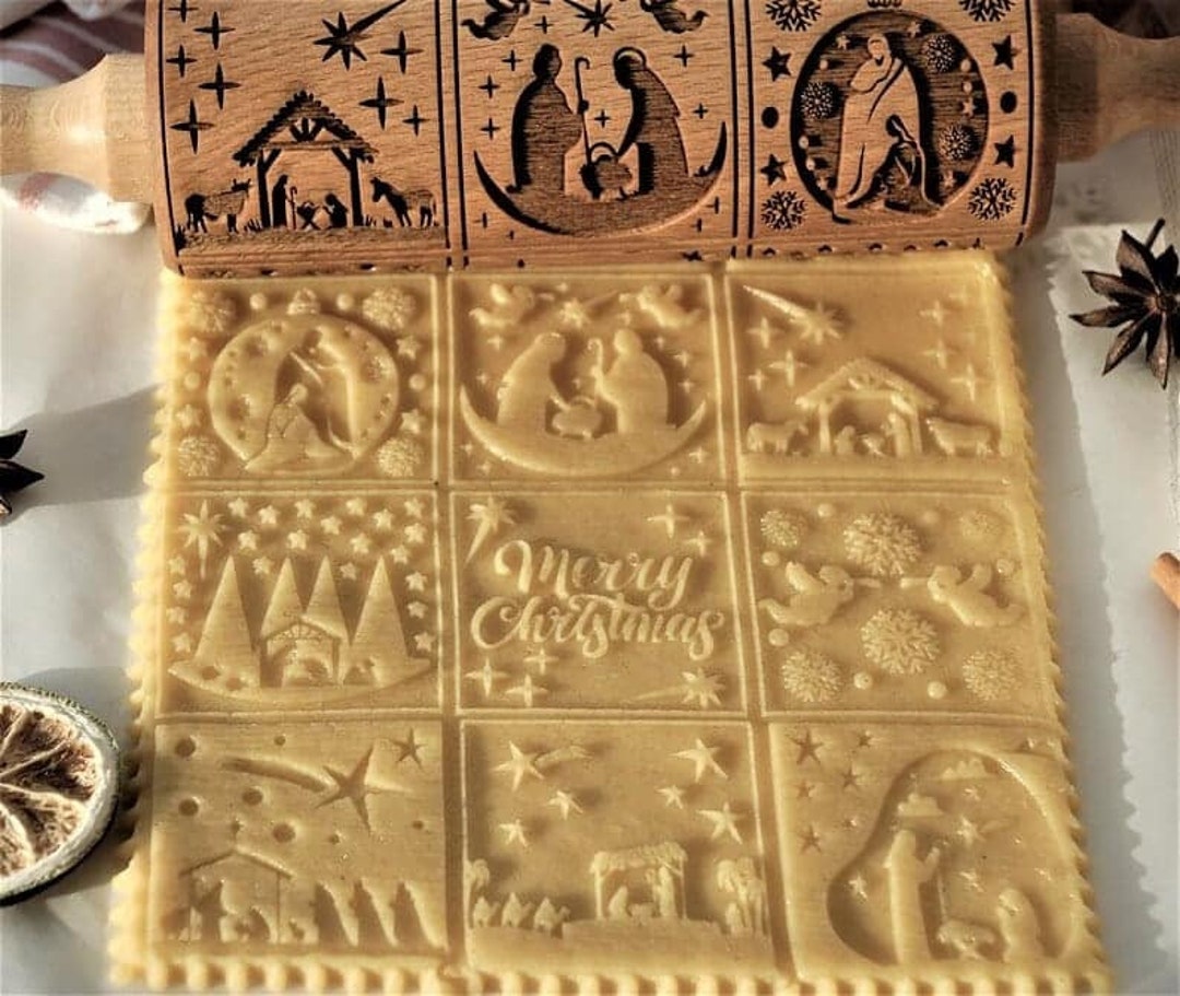 Merry Christmas Cookie Cutters Stamp Rolling Pin Embossed Nativity Cooking Xmas Gift Wooden