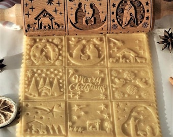 Christmas rolling pin Cookie cutters Stamp Nativity dough roller Xmas Gifts idea Springerle mold Embossed rolling pin Xmas Gingerbread Clay