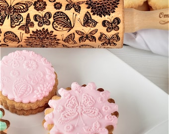 BUTTERFLY Embossed rolling pin Xmas gifts Deep carved roller Cookie decorating Springerle cookie mold Gift for her Textured Dough roller