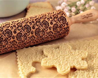 Pionies cookie Stamp Home improvement gift Springerle mold Textured Embossed rolling pin Patterned rolling pin Wooden cookie mold Clay