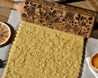 Khokhloma Xmas gifts for her Strawberry Springerle mold Patterned Textured Embossed rolling pin Wooden cookie mold Clay Pottery tools Baking