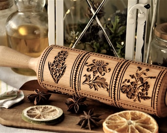 Floral Embossed rolling pin Cookie decorating Xmas Christmas gifts Springerle cookie mold Textured rolling pins Dough roller Clay  Pottery