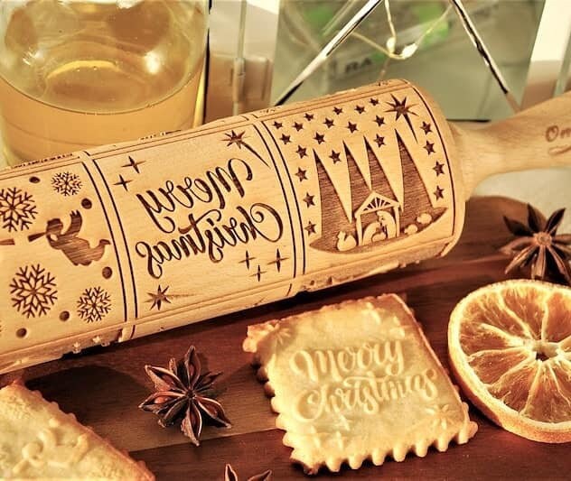 Merry Christmas Cookie Cutters Stamp Rolling Pin Embossed Nativity Cooking Xmas Gift Wooden