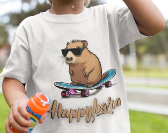 Skateboarding Capybara Kids Shirt, Animal Lover Graphic Tee Gift