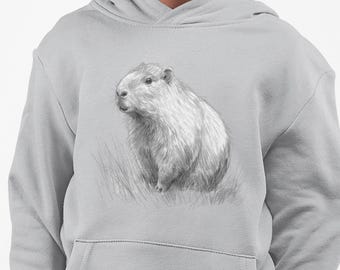 Capibara-illustratie met capuchon voor kinderen | Handgetekende natuurschets