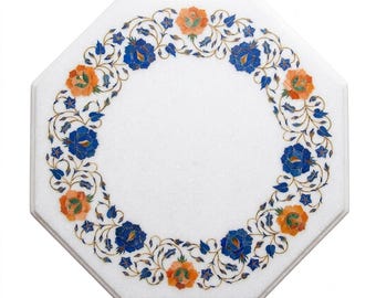 Tablero de mesa octogonal de 43 cm (17 pulgadas) con incrustaciones de mármol blanco, ideal para mesas de centro y mesas auxiliares. Diseño vintage de piedra dura con motivos florales. Regalo de lujo para inauguración de casa.