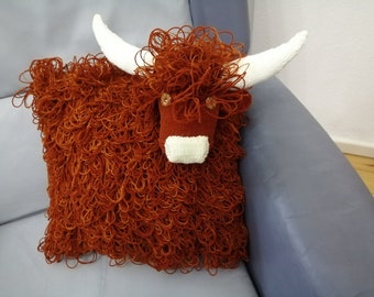 Gestrickte Tiere, Kissen, Highland Cow, handgestrickt, neu, ca. 38 x 38 cm