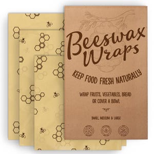 May include: Beeswax wraps in various sizes, with a honeycomb and bee pattern. The brown packaging reads "Beeswax Wraps" and "Keep Food Fresh Naturally". These wraps are reusable, washable, and easy to clean.