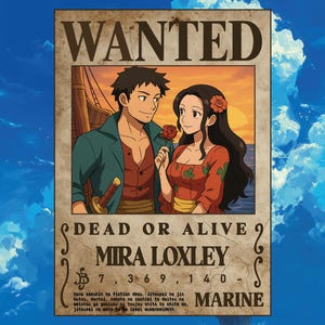 Póster personalizado de One Piece Wanted - Retrato de anime personalizado - Regalo de aniversario - Arte mural imprimible - Regalo pirata para él o ella - Regalo para pareja