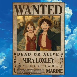 Póster personalizado de One Piece Wanted - Retrato de anime personalizado - Regalo de aniversario - Arte mural imprimible - Regalo pirata para él o ella - Regalo para pareja
