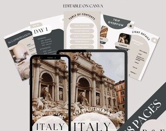 Può includere: Un modello digitale di itinerario di viaggio con il testo "Travel Itinerary" e "Editable on Canva". Il design include uno smartphone e un tablet che mostrano un piano di viaggio in Italia, insieme a pagine informative. L'itinerario copre 18 pagine.