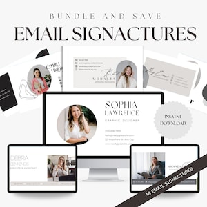 Puede incluir: Una colección de plantillas de firmas de correo electrónico con varios diseños y fotos de perfil profesionales. El texto "BUNDLE AND SAVE" y "EMAIL SIGNATURES" se muestran en la parte superior. La imagen incluye el texto "INSATNT DOWNLOAD" y "10 EMAIL SIGNATURES".