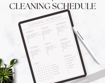 May include: A digital cleaning schedule displayed on a tablet, featuring a minimalist design with headings for daily, weekly, and monthly tasks. The schedule includes checkboxes for tasks like cleaning the kitchen, changing sheets, and wiping counters. A white stylus rests on the tablet.