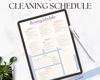 May include: A digital cleaning schedule displayed on a tablet, featuring a pastel color scheme and organized by day and task. The text "CLEANING SCHEDULE" is at the top. A stylus rests on the side. A small potted plant is in the corner.