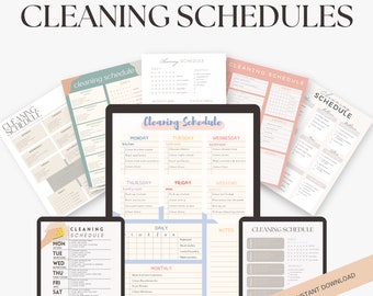 May include: A collection of printable cleaning schedules in various designs. The image features digital tablets and printed sheets with daily, weekly, and monthly cleaning checklists. The text "Cleaning Schedules" is displayed at the top.