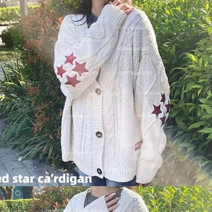 1989 blue folk cardigan/star embroidered cardigan/v-neck oversized cute hand-knitted holiday button sweater/gift for fans Red star cardigan