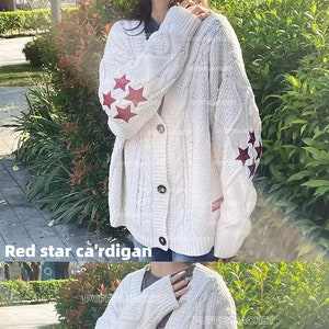 1989 blue folk cardigan/star embroidered cardigan/v-neck oversized cute hand-knitted holiday button sweater/gift for fans Red star cardigan