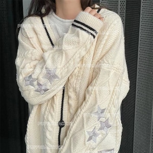 1989 blue folk cardigan/star embroidered cardigan/v-neck oversized cute hand-knitted holiday button sweater/gift for fans Beige  cardigan