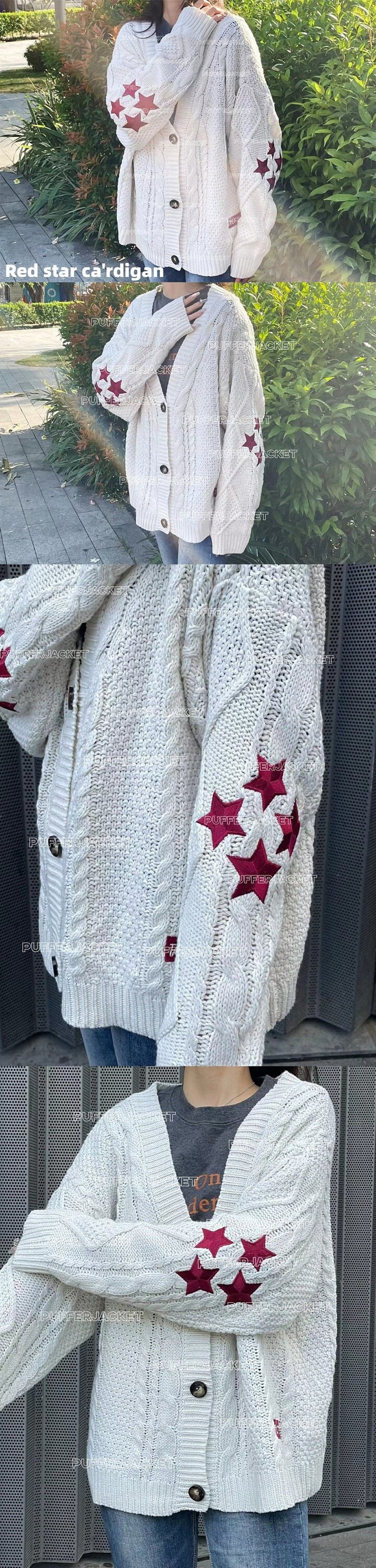 1989 blue folk cardigan/star embroidered cardigan/v-neck oversized cute hand-knitted holiday button sweater/gift for fans Red star cardigan