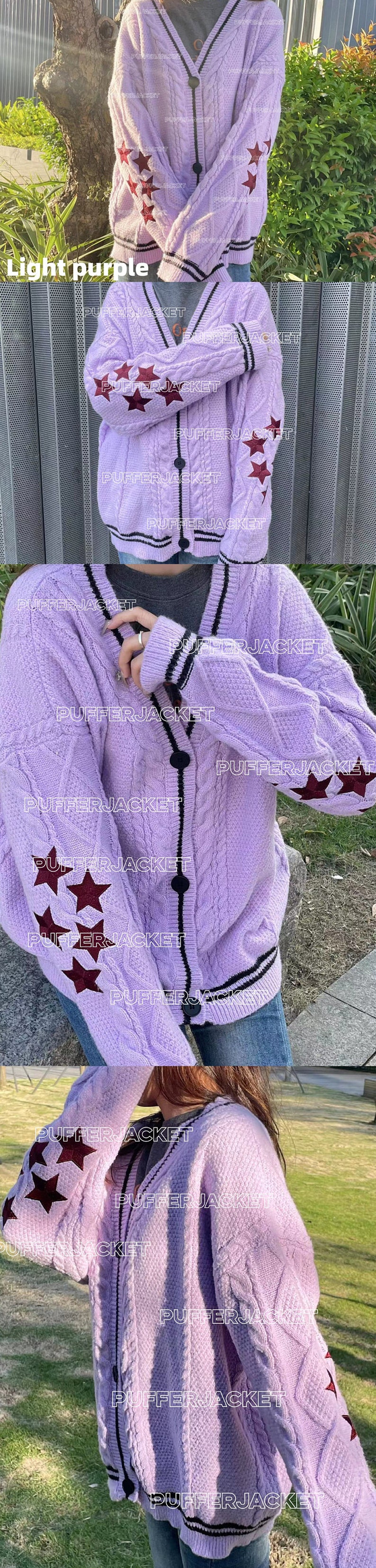 Cardigan folk bleu 1989/cardigan étoile brodée/col en V surdimensionné joli pull boutonné de vacances tricoté à la main/cadeau pour les fans Light purple