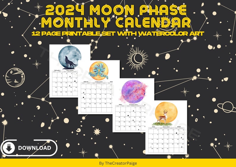 2024 Lunar Phase Printable Calendar 2024 Moon Phase - Etsy