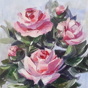 Ramo de rosas. Cuadro original al óleo, pintado con espátula sobre cartón imprimado 20 x 13 cm