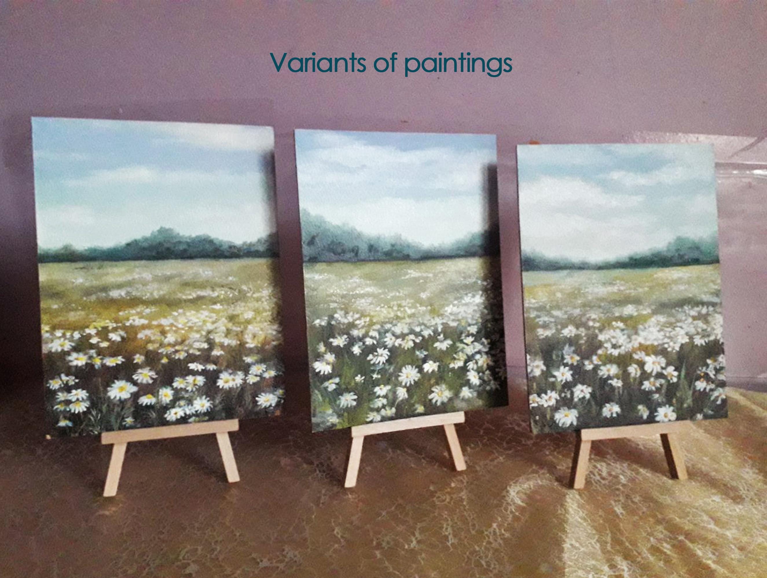 カモミールフィールドの油絵：穏やかな風景画（5.9 x 7.8インチ