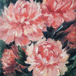 Mini pintura a óleo em um mini cavalete. 3,9 x 5,9 pol. Flores de peônia