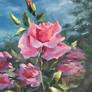 Palette Knife Rose Garden Oil Painting: Original Floral Art (7.7x9.7 in)