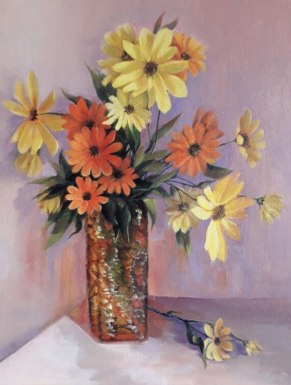 Original Oil Painting. Yellow and Orange Flowers in a Vase. 11.8 X