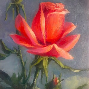 Mini pintura a óleo original em um mini cavalete. 3,9 x 5,9 pol. A flor é uma rosa