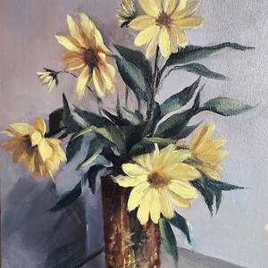 Peinture à l'huile originale. Fleurs jaunes. Héliopsis. 20 x 30 cm