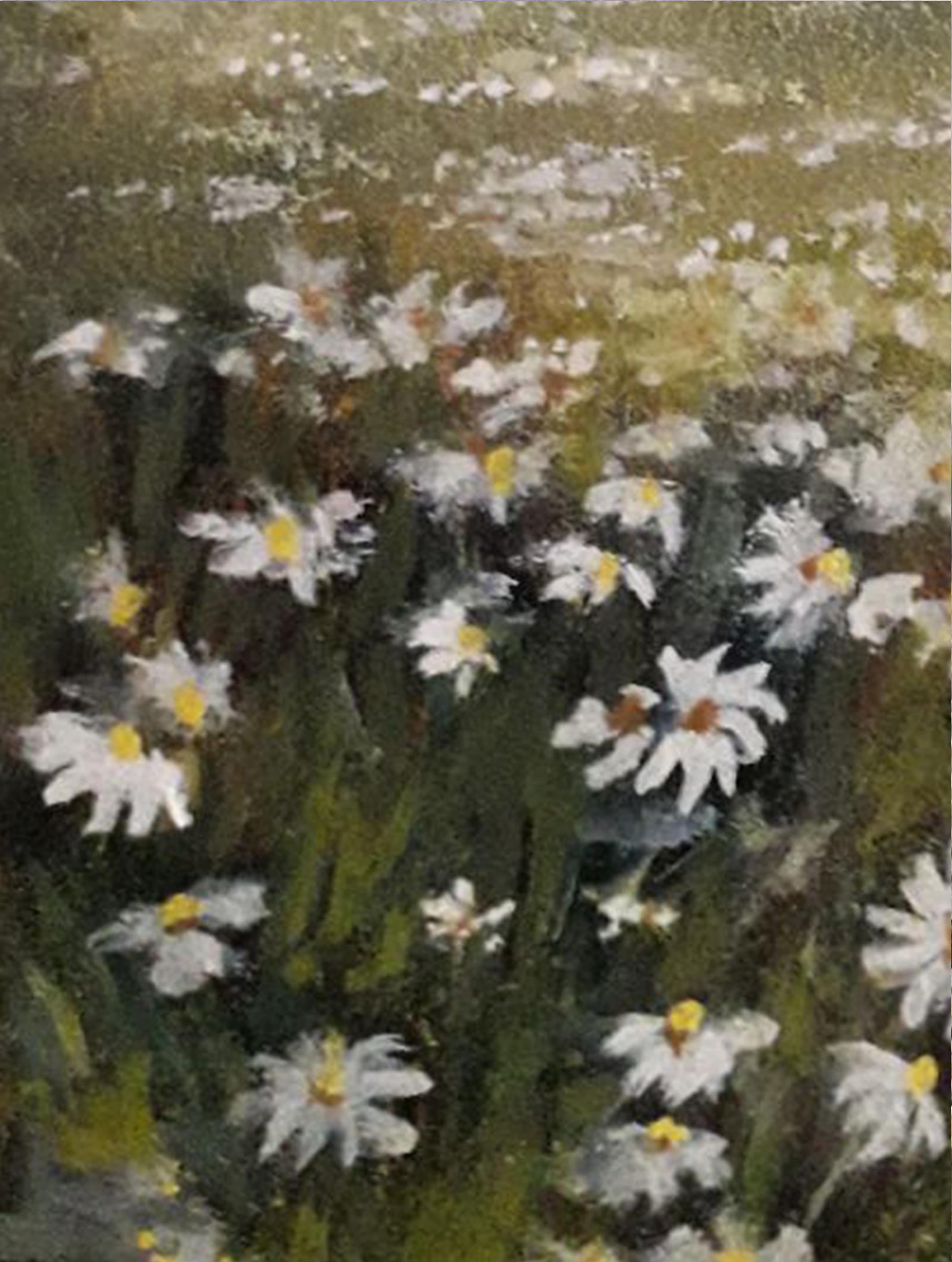 カモミールフィールドの油絵：穏やかな風景画（5.9 x 7.8インチ