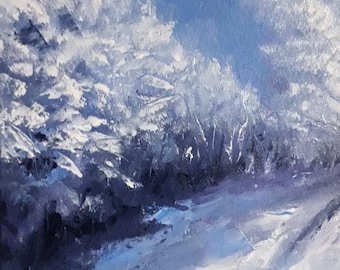 冬の夕べの油絵：雪景色の絵画（7.8 x 11.8インチ） - Etsy 日本