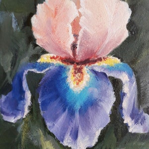 Mini pintura a óleo original em um mini cavalete. 3,9 x 5,9 polegadas. Flores da primavera. Íris rosa e azul