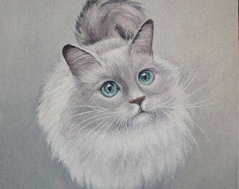 Portrait de chat. Chat aux yeux bleus. Peinture à l'huile originale. Toile sur panneau de fibres de 19,5 x 19,5 cm. Sans cadre. Plus un cadeau