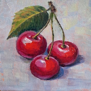 Original oil painting on primed cardboard 3.7x3.7 inches. “Cherry Sisters”