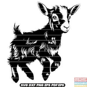 Könnte beinhalten: Schwarz-weiße Silhouette eines jungen Ziegenkinds, das auf seinen Hinterbeinen steht. Das Ziegenkind hat ein flauschiges Fell und einen süßen Ausdruck.