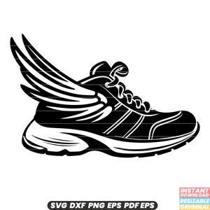 May include: Black and white illustration of a running shoe with wings. The shoe has a thick sole and laces. The wings are stylised and have a few feathers.