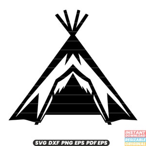May include: Black and white silhouette of a teepee tent with a pointed top and a flap entrance.